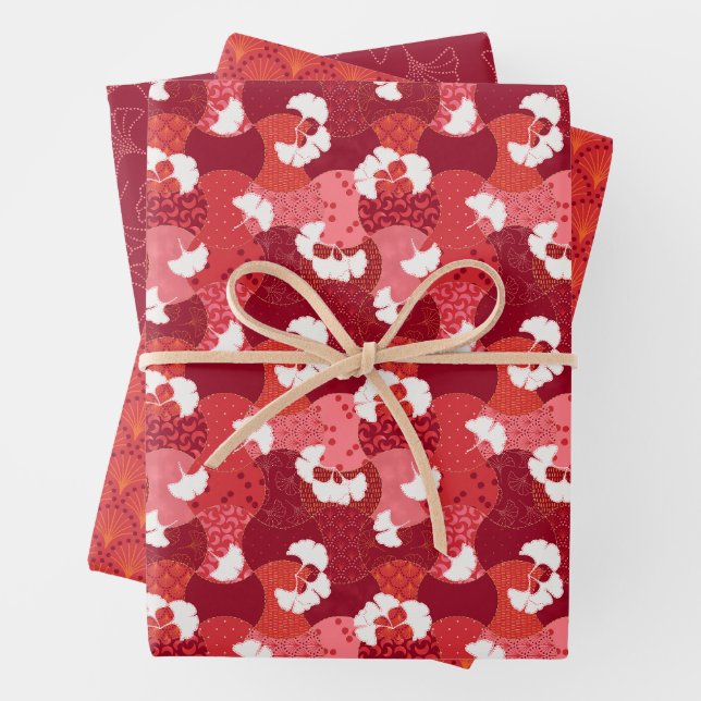Japanese Red Kimono Patterns set of Three Wrapping Paper Sheet (In situ)