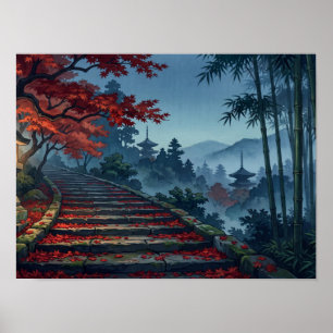 Japanese Red Maple & Bamboo Art Poster
