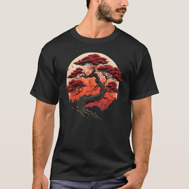 Japanese Red Moon Miniature tree on Bonsai Tree T-Shirt (Front)