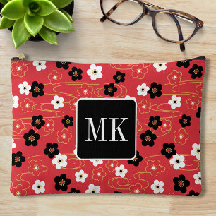 Japanese Red Sakura Blossom Monogram Initials Accessory Pouch