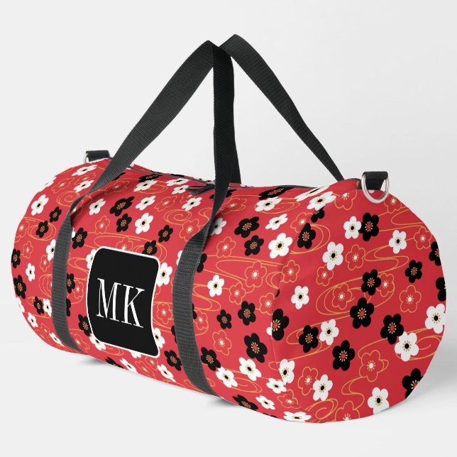 Japanese Red Sakura Blossom Monogram Initials Duffle Bag (Left Corner)