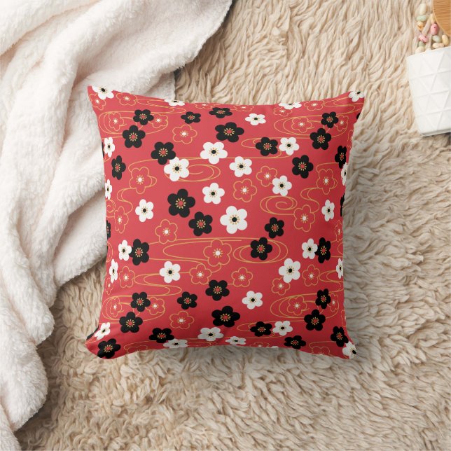 Japanese Red Sakura Cherry Blossom Flowers Cushion (Blanket)