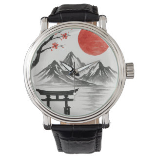 Japanese Red Sun Mountain Landscape Watch