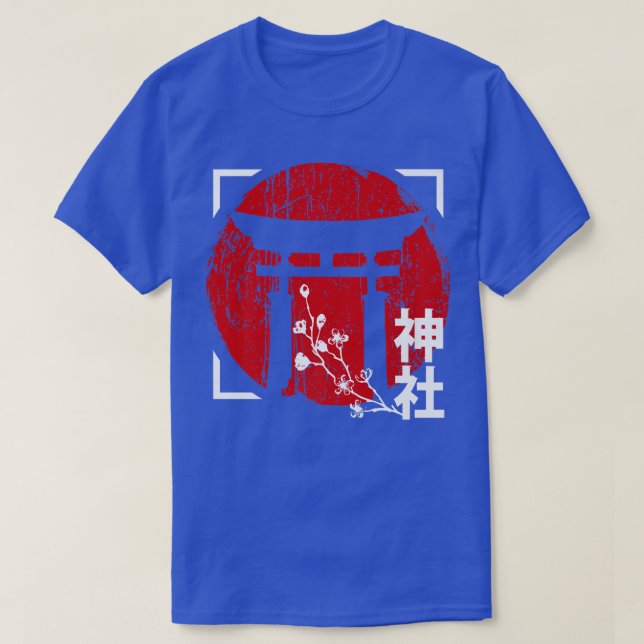 Japanese Red Sun with Shrine and Sakura Cherry Blo T-Shirt (Design Front)