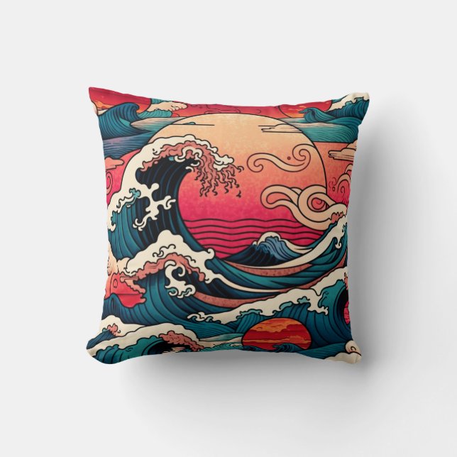 Japanese Red Sunset Ocean Wave Art Cushion (Front)