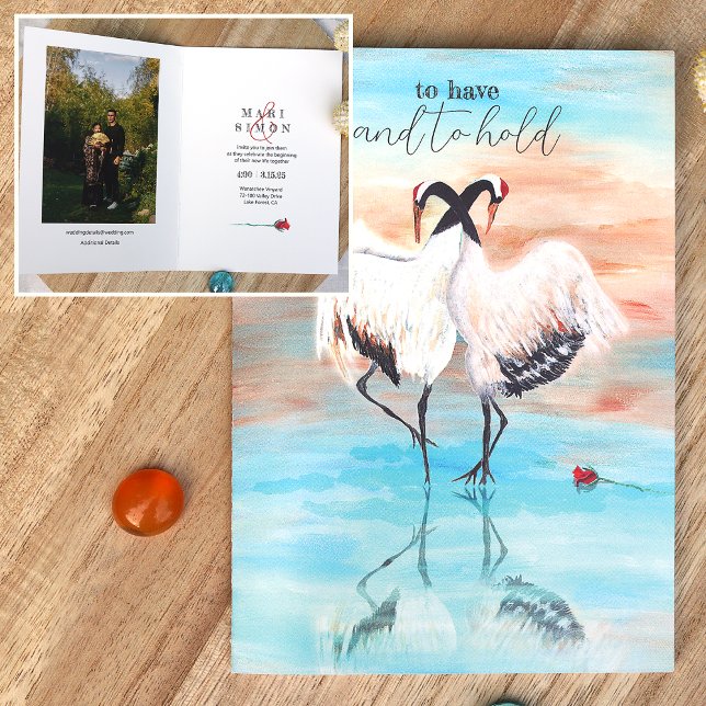 Japanese Red Top Tancho Cranes Beige Blue Wedding Invitation (Japanese cranes wedding invitations, red rose in puddle of water, reflection on water)