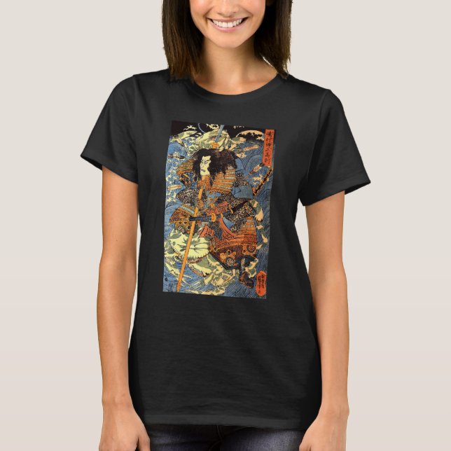 Japanese Retro Arrow Injured Samurai Riding Sea Cr T-Shirt (Front)