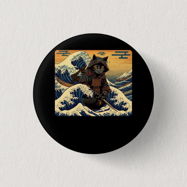 Japanese Retro Samurai Cat The Great Wave By Hokus 3 Cm Round Badge (Front)