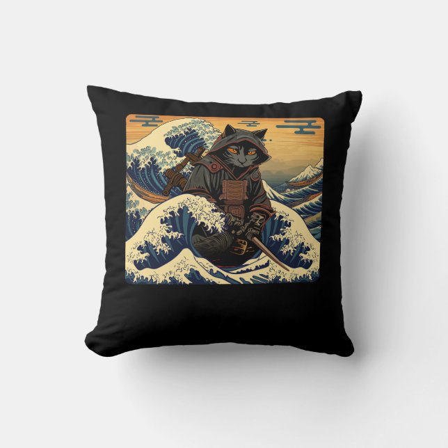 Japanese Retro Samurai Cat The Great Wave By Hokus Cushion (Front)