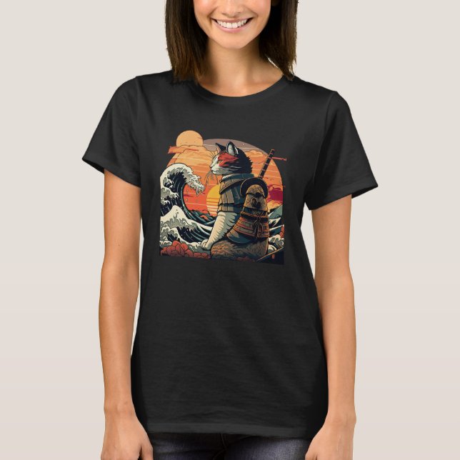 Japanese retro samurai cat The Great Wave by Hokus T-Shirt (Front)