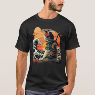 Japanese retro samurai cat The Great Wave by Hokus T-Shirt