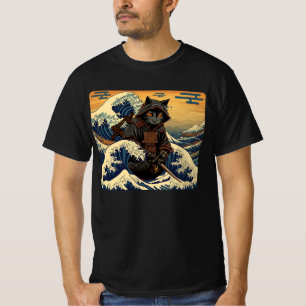 Japanese Retro Samurai Cat The Great Wave By Hokus T-Shirt