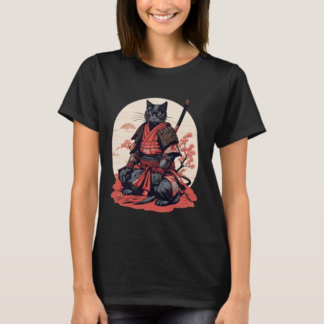 Japanese Retro Samurai Cat Warrior T-Shirt (Front)