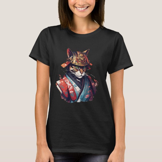 Japanese Retro Samurai Cat Warrior T-Shirt (Front)