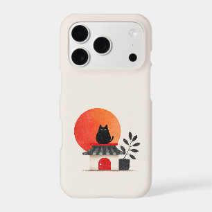Japanese Retro Sunset Black Cat Rooftop