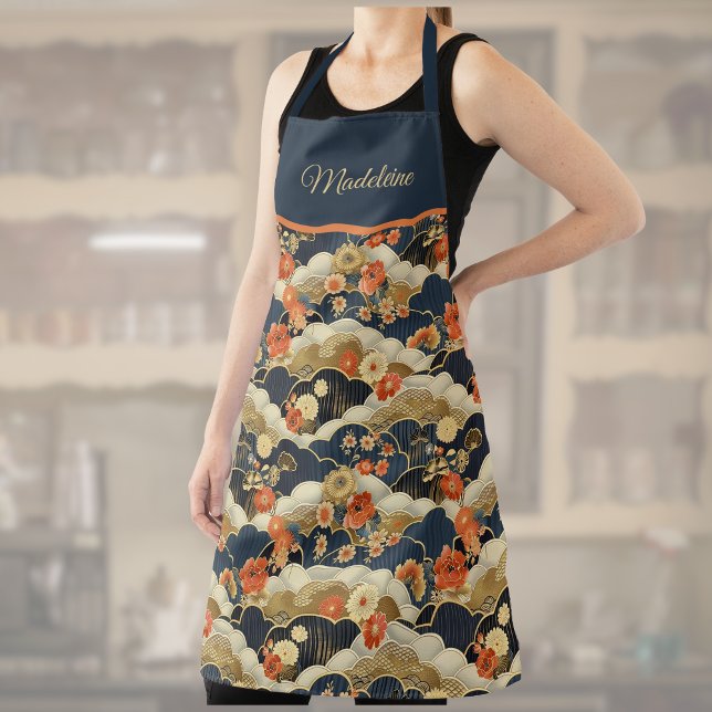 Japanese Retro Teal Floral Kimono Print Monogram Apron (Creator Uploaded)