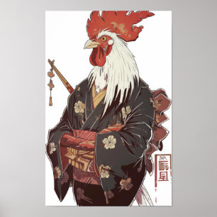 Japanese Rooster in Kimono with Chopsticks Poster