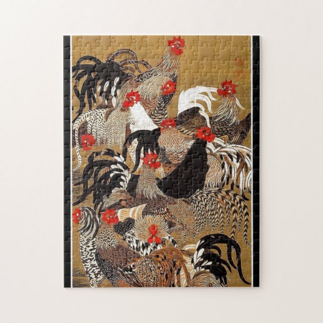 Japanese Roosters and Chickens Jigsaw Puzzle (Vertical)