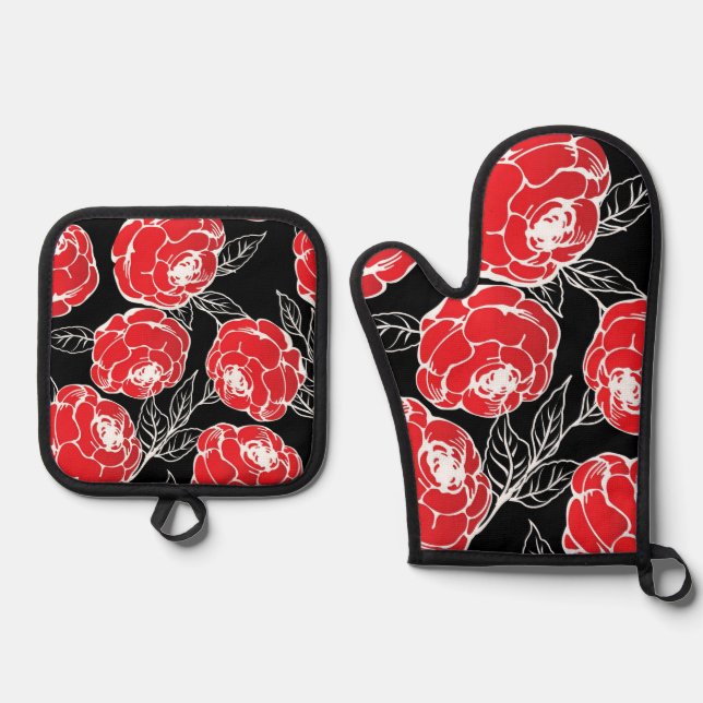 Japanese Rose Flower Design Oven Mitt & Pot Holder Set (Front)