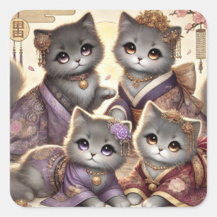 Japanese Royal Grey Cats Square Sticker