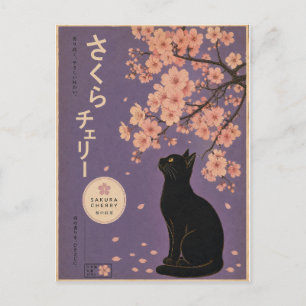 Japanese Sakura Black Cat Floral Cherry Blossom Postcard