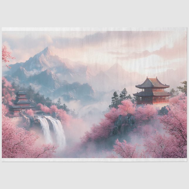 Japanese Sakura Blossoms and Temples Tissue Paper (Front)