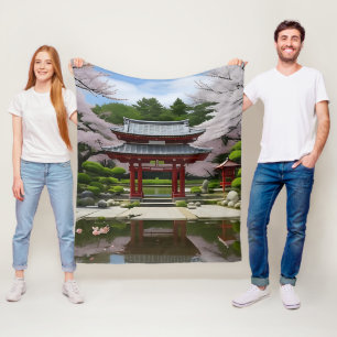 Japanese Sakura Cherry Blossom Garden Shrine Pond Fleece Blanket