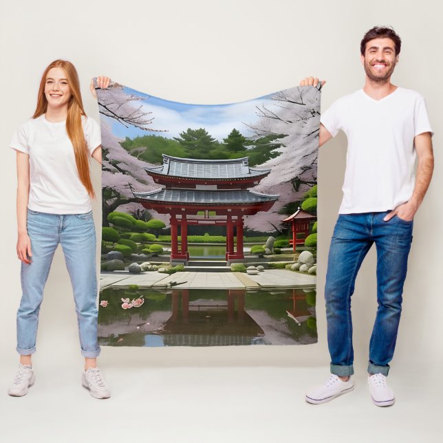 Japanese Sakura Cherry Blossom Garden Shrine Pond Fleece Blanket (In Situ)