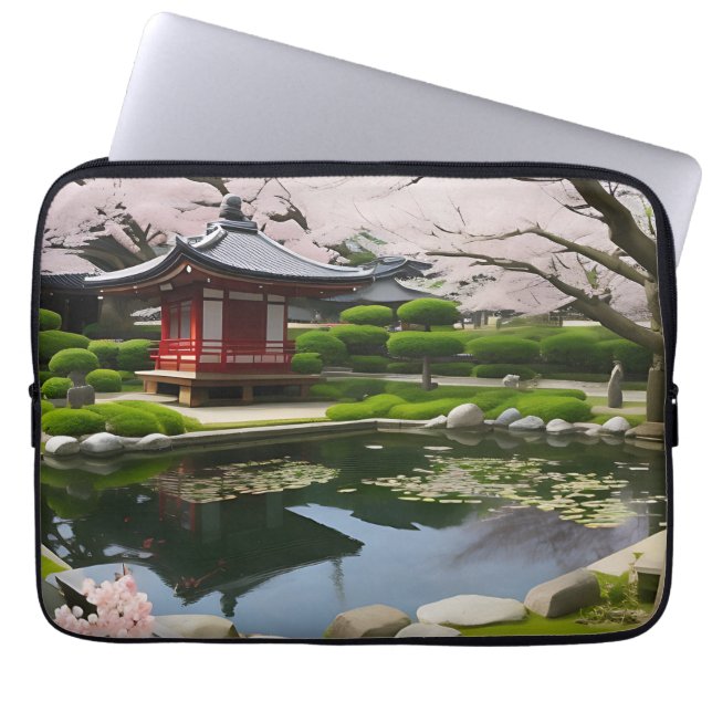 Japanese Sakura Cherry Blossom Garden Shrine Pond Laptop Sleeve (Front)