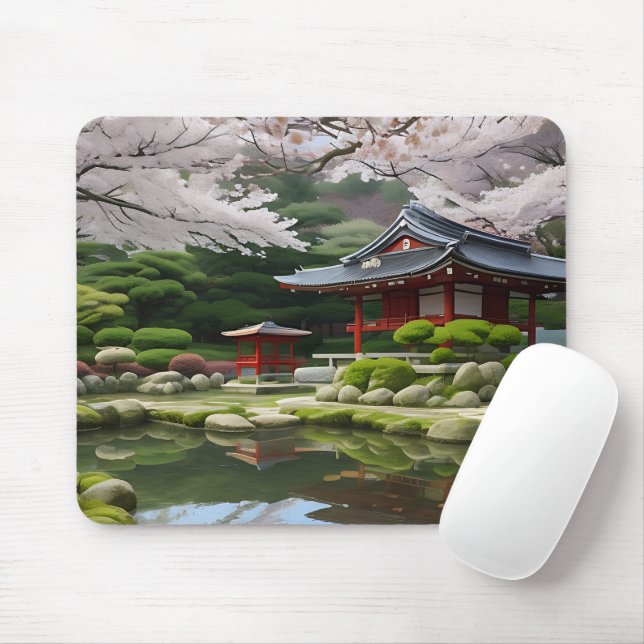 Japanese Sakura Cherry Blossom Garden Shrine Pond Mouse Mat (With Mouse)