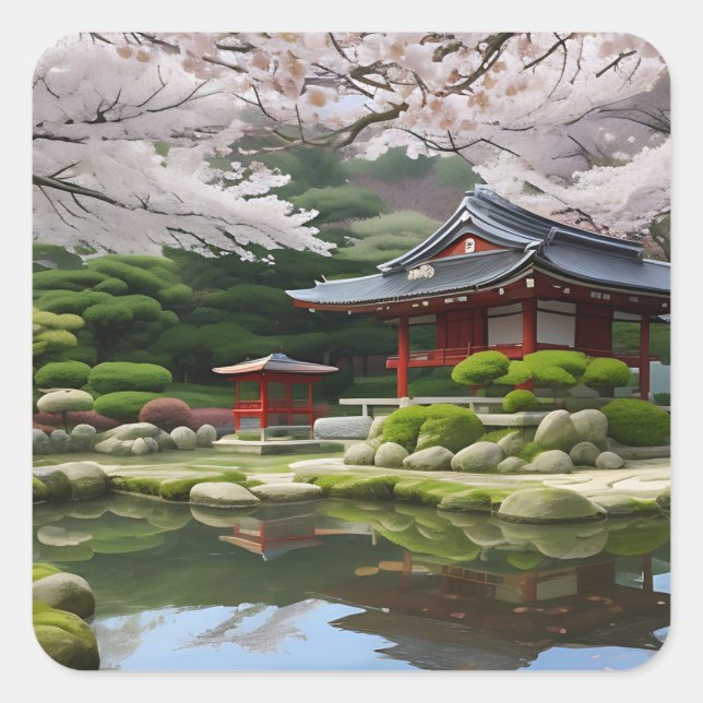 Japanese Sakura Cherry Blossom Garden Shrine Pond Square Sticker (Front)