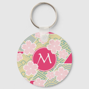 Japanese Sakura Cherry Blossoms Geometric Patterns Key Ring