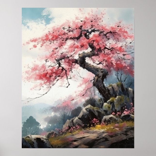 Japanese Sakura Cherry Tree Art Print Poster (Front)