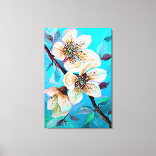 Japanese Sakura Cherry Tree Flowers in Aqua Blue Canvas Print