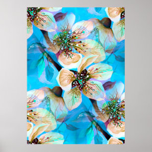 Japanese Sakura Cherry Tree Flowers in Aqua Blue Poster