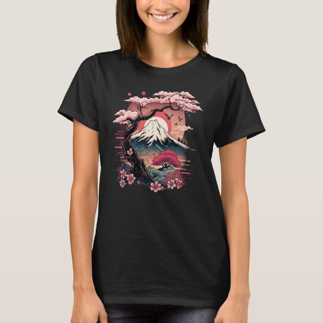Japanese Sakura Garden Geisha Mount Fuji Cherry Bl T-Shirt (Front)