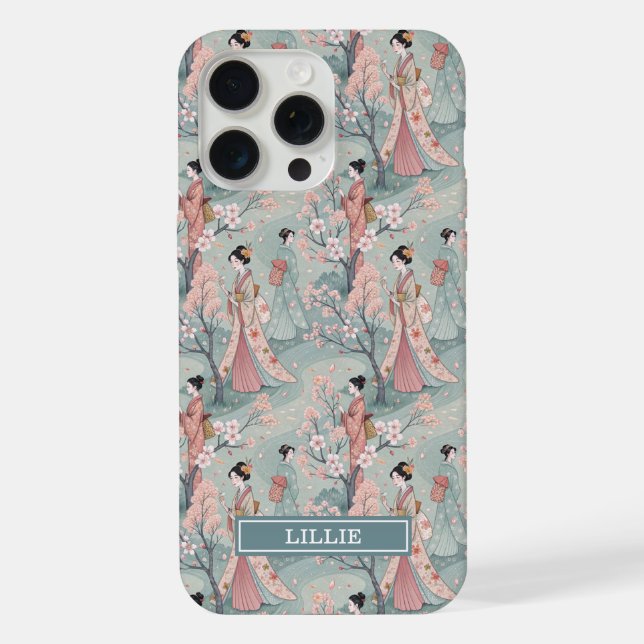Japanese Sakura Geisha Pattern Monogrammed Case- iPhone Case (Back)