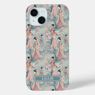 Japanese Sakura Geisha Pattern Monogrammed iPhone 15 Case
