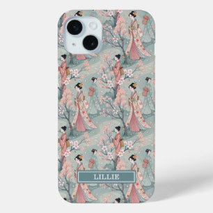 Japanese Sakura Geisha Pattern Monogrammed iPhone 15 Mini Case