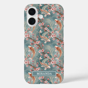 Japanese Sakura Koi Fish Pattern Monogrammed iPhone 16 Case