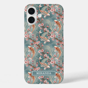 Japanese Sakura Koi Fish Pattern Monogrammed iPhone 16 Plus Case