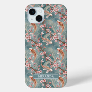 Japanese Sakura Koi Fish Pattern Monogrammed iPhone 15 Mini Case