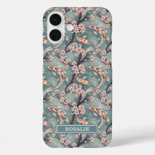 Japanese Sakura Koi Fish Print Monogrammed iPhone 16 Plus Case