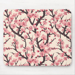 Japanese Sakura Pink Blossom Dark Branch Cream Mouse Mat