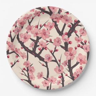 Japanese Sakura Pink Blossom Dark Branch Cream Paper Plate