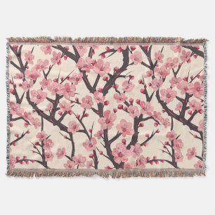 Japanese Sakura Pink Blossom Dark Branch Cream Throw Blanket