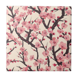 Japanese Sakura Pink Blossom Dark Branch Cream Tile