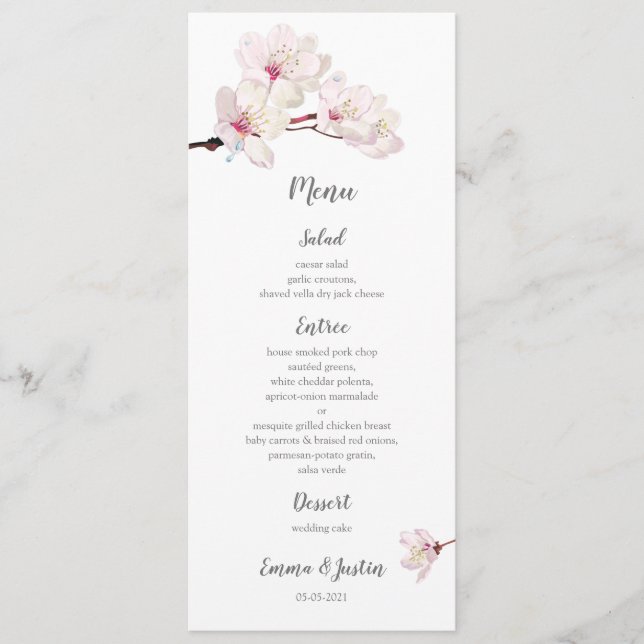 Japanese Sakura Pink Cherry Blossom Spring Wedding Menu (Front)
