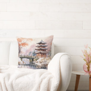 Japanese Sakura Tree Pagoda and Bridge Pink Grey Cushion