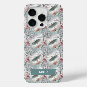 Japanese Sakura Umbrella Pattern Monogrammed iPhone 15 Pro Case